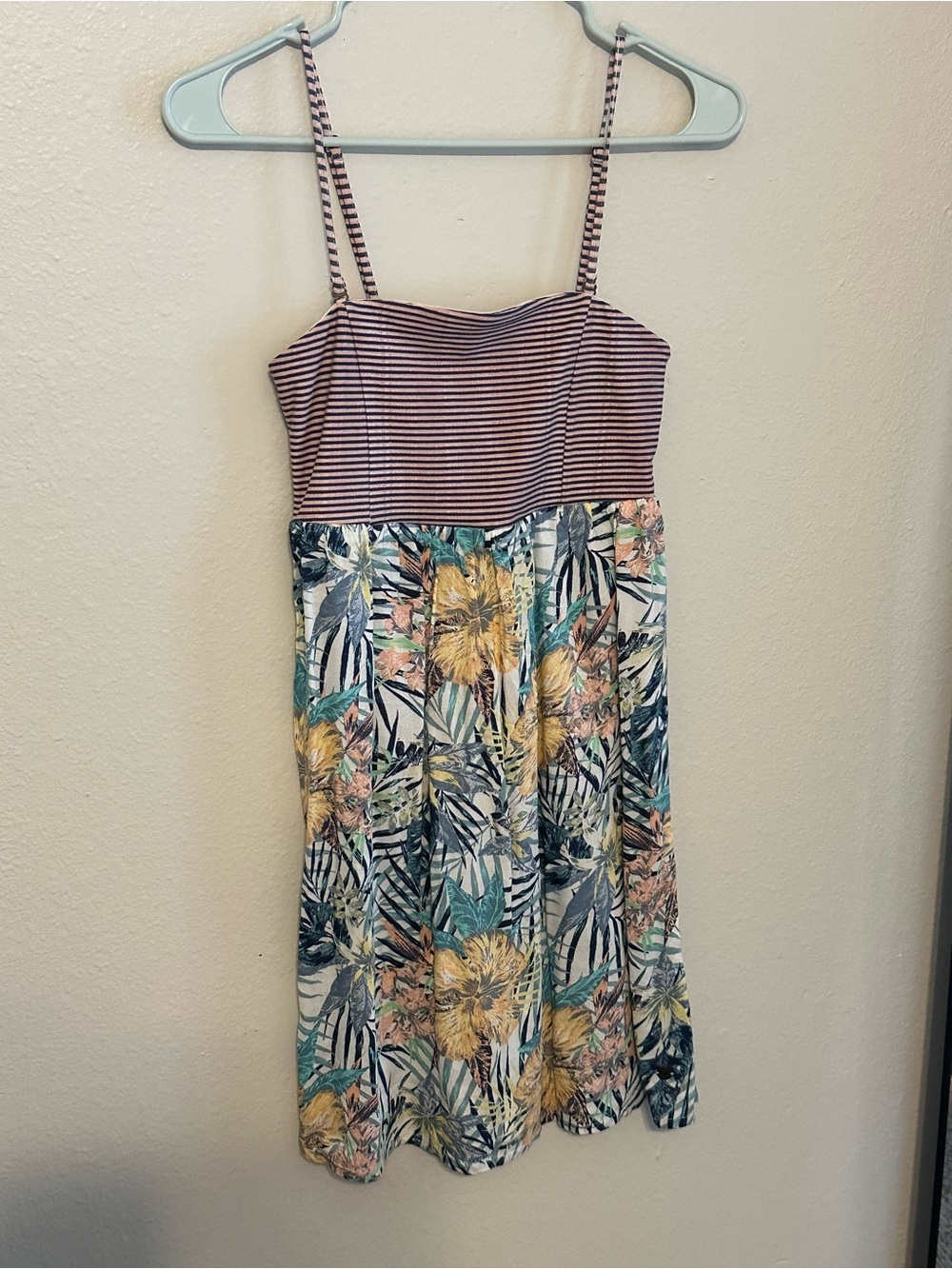 Roxy Pink Striped Bodice Tropical Floral Mini Dress
